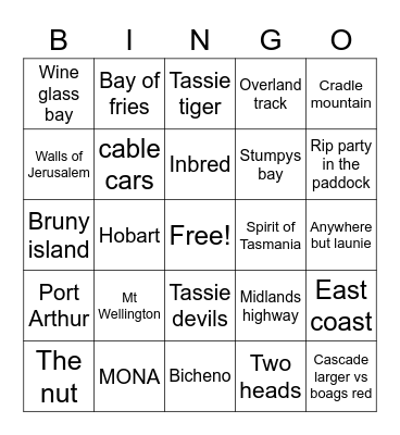 Tassie things Bingo Card