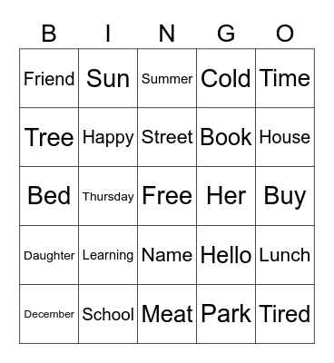 English Bingo! Bingo Card