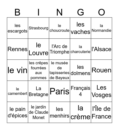 Bretagne, Normandie, Île de France, Alsace  Bingo Card