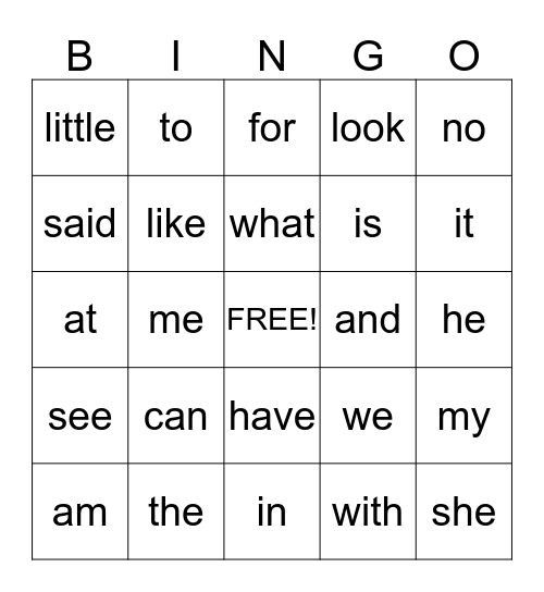 Sight Word Bingo Card