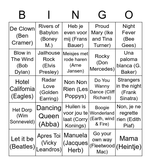 Muziekbingo Rabobank Oost Betuwe Bingo Card