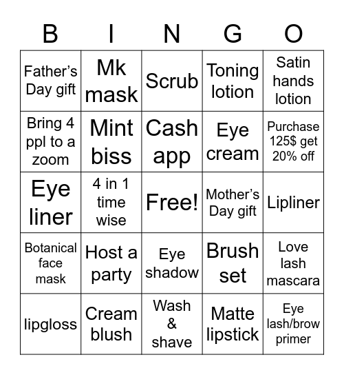 Mary Kay Bingo Card