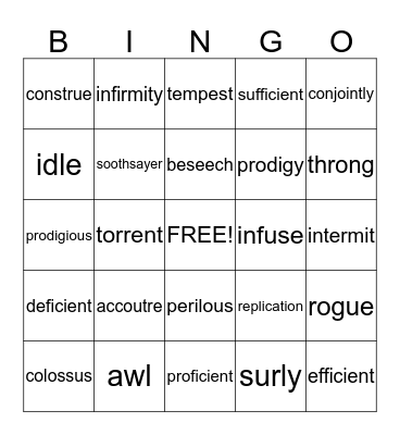 Joseph's Vocabulary Bingo Card