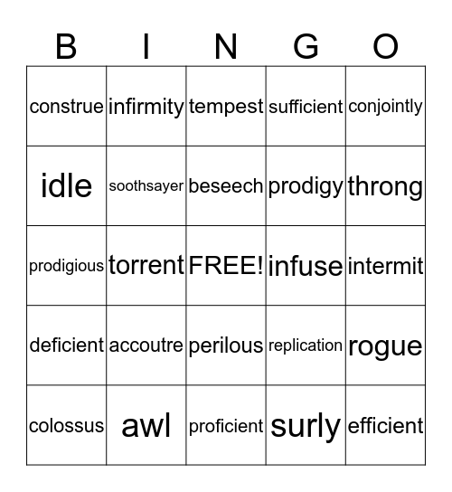 Joseph's Vocabulary Bingo Card