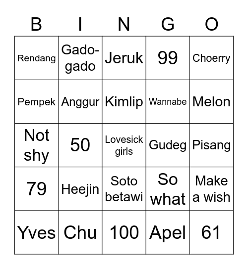 Bingo Chaery Bingo Card