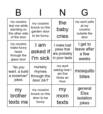 isolation at my aunt's house bingo Card