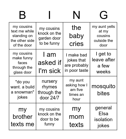 isolation at my aunt's house bingo Card