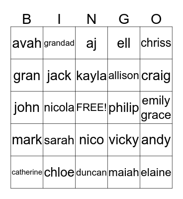 sarahs family bingo Card