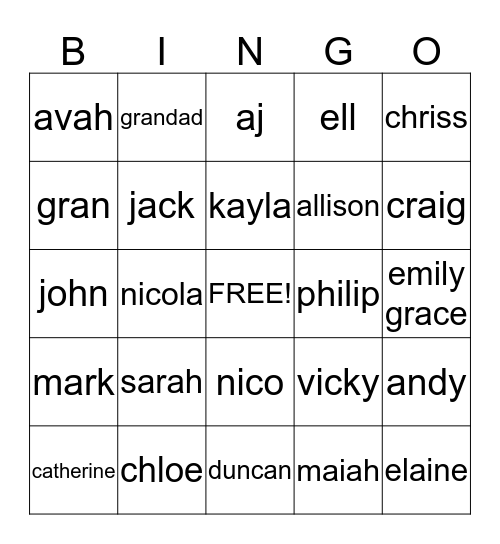 sarahs family bingo Card