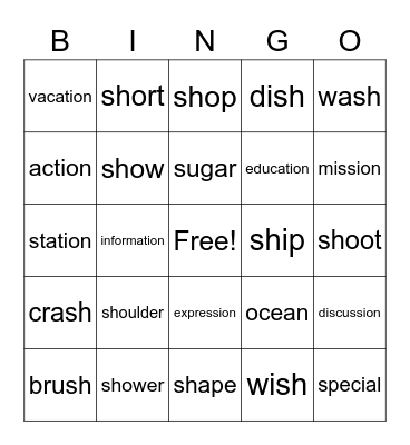 The Sounds of English: /ʃ/ as in shoe Bingo Card