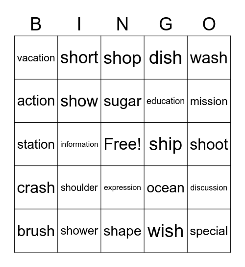 The Sounds of English: /ʃ/ as in shoe Bingo Card