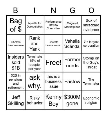 MAN4063: Enron Ethics Bingo Card