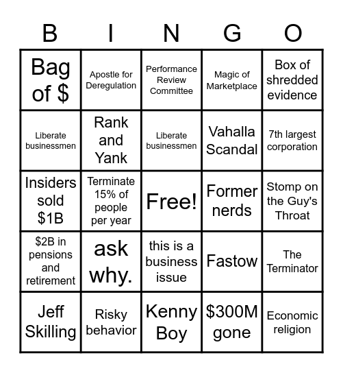 MAN4063: Enron Ethics Bingo Card