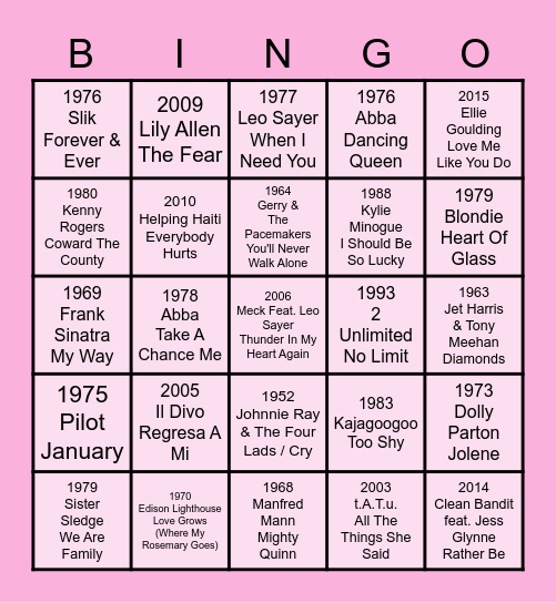 Gwynbo Musical Bingo Card