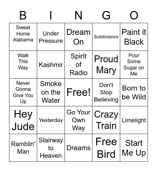 Classic Rock Bingo Card