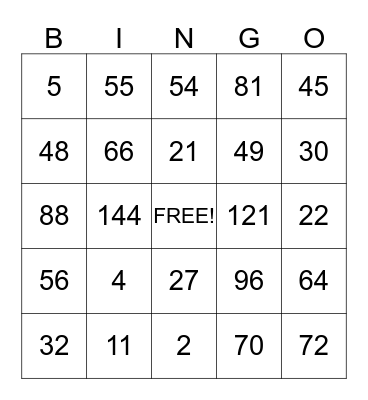 Multiplication Bingo Card