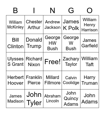 US Presidents Bingo Card