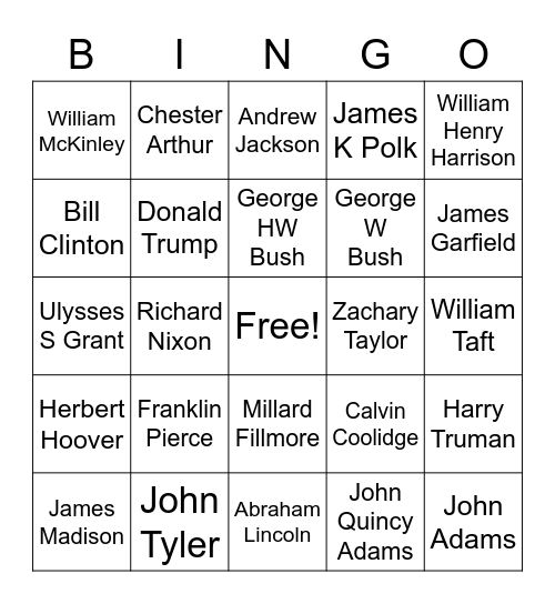 US Presidents Bingo Card