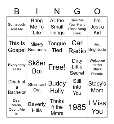 Punk Pop Bingo Card