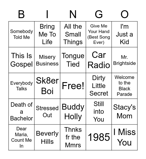 Punk Pop Bingo Card