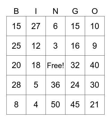 MULTIPLICATION FACTS Bingo Card