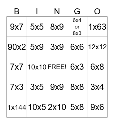 Multiplication Bingo Card