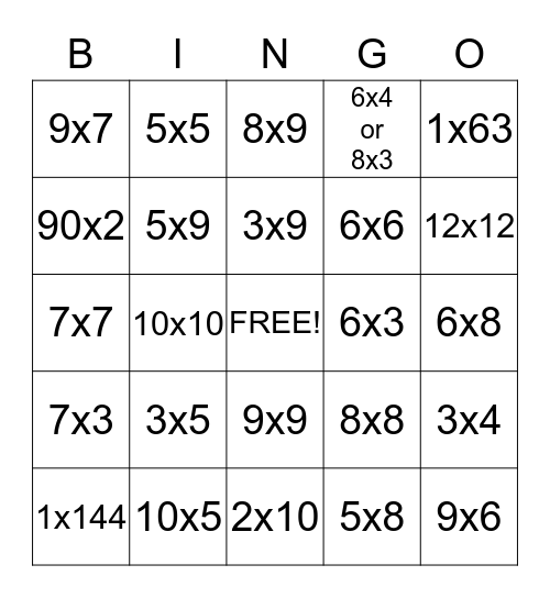Multiplication Bingo Card