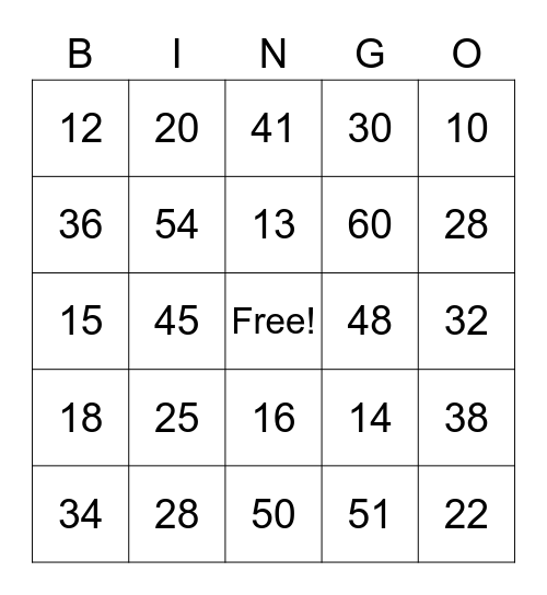 Number Practice Bingo Card