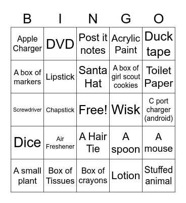 House hold Bingo Card