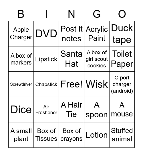 House hold Bingo Card