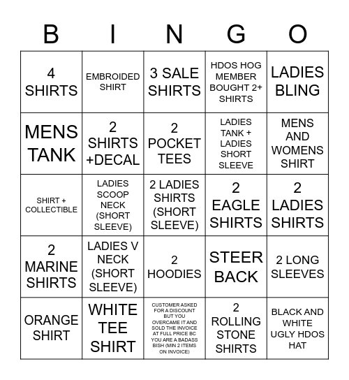 HDOS ITEMS ONLY - FULL PRICED Bingo Card