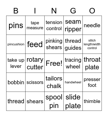 Sewing Tools/Machine Parts Bingo Card
