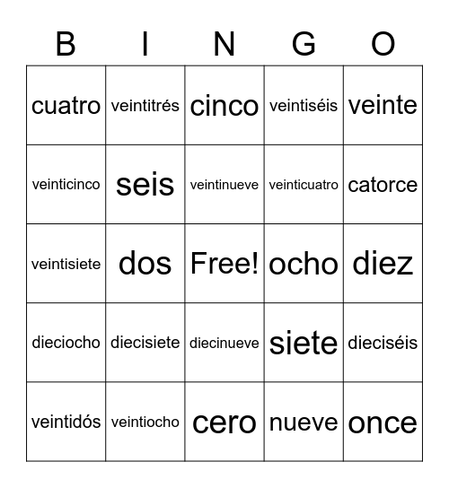 Spanish Numbers 0-30 Bingo Card