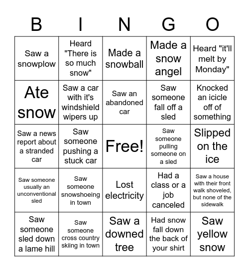 Portland Snow Bingo Card