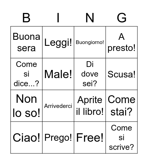 Vocabolario introduzioni e classe Bingo Card