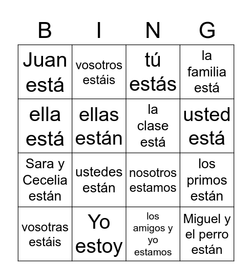 forms of estar Bingo Card