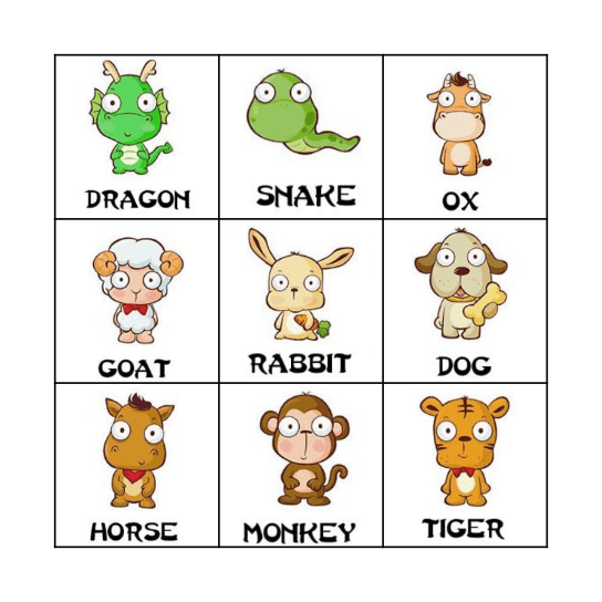 Chinese Zodiac Animals Bingo Card