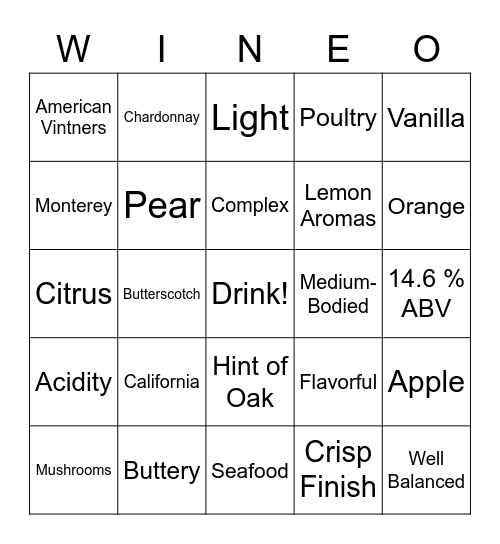 CA Cali Chardonnay Bingo Card