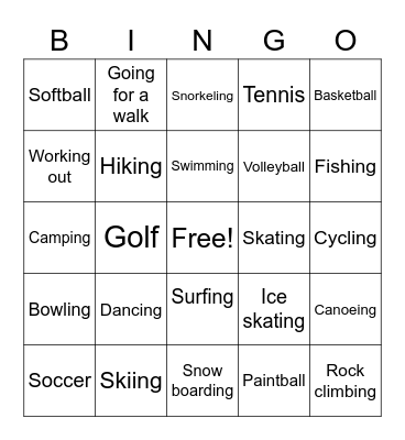 Leisure Bingo Card