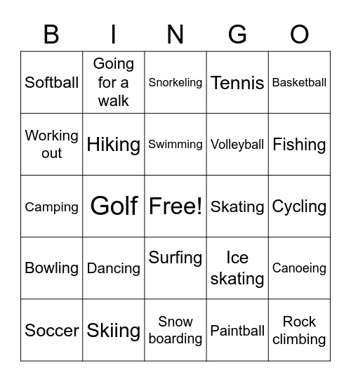 Leisure Bingo Card