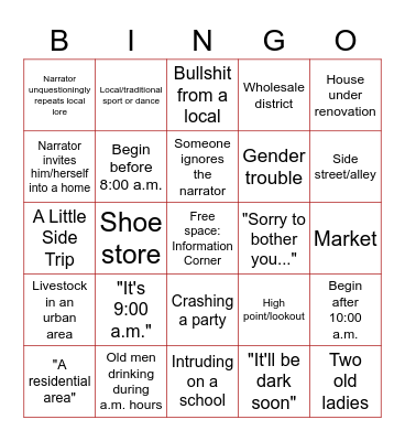 Somewhere Street Bingo Card