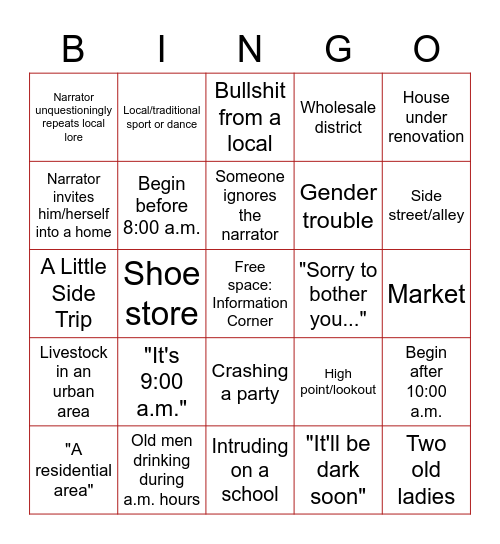 Somewhere Street Bingo Card