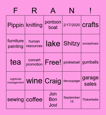 Fran's LDC Anniversary Bingo Card