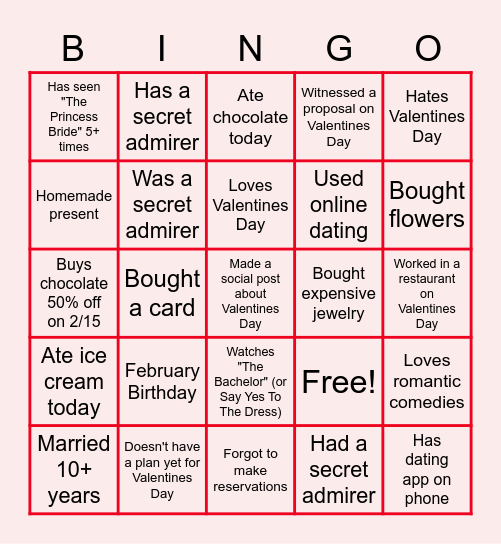 Virtual Valentine's Day Bingo Card