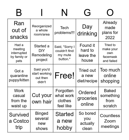 Quarantine Bingo Card