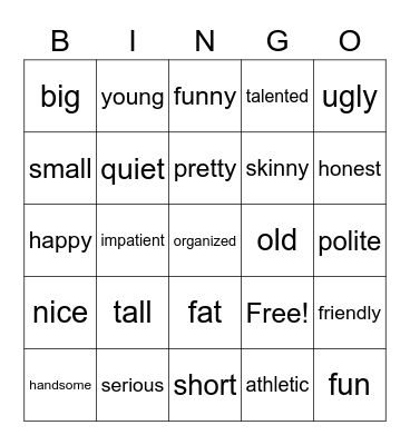 Los adjetivos Bingo Card