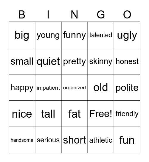 Los adjetivos Bingo Card