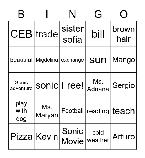 Sebastian Bingo Card