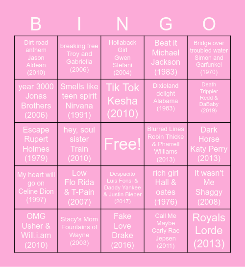 Delta Zeta TB & cringe song Bingo! Bingo Card