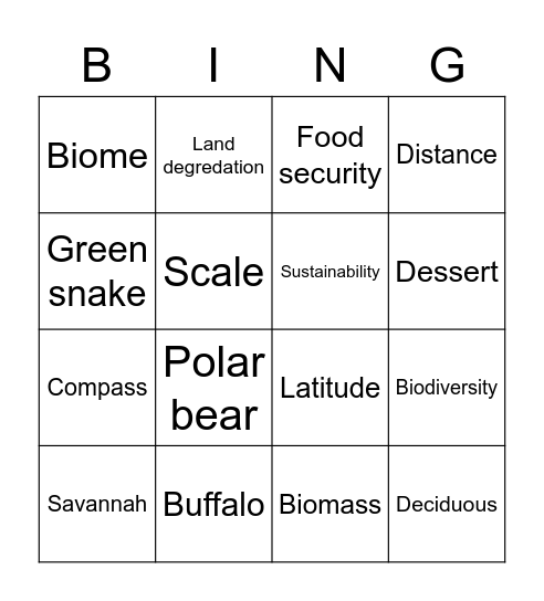 Biomes Bingo Card